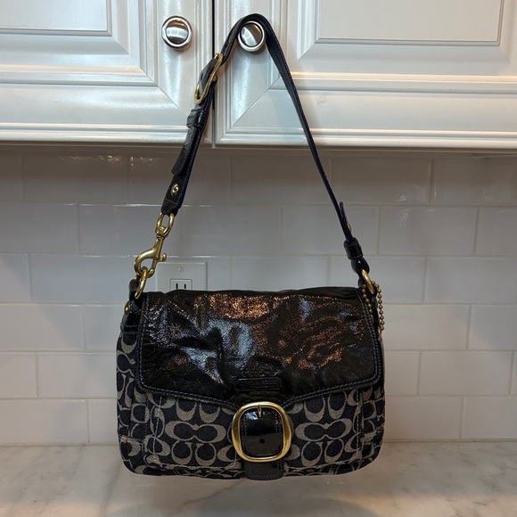 Coach Bleecker Blue Denim Signature Patent Leather Flap Shoulder Bag - Picture 1 of 16